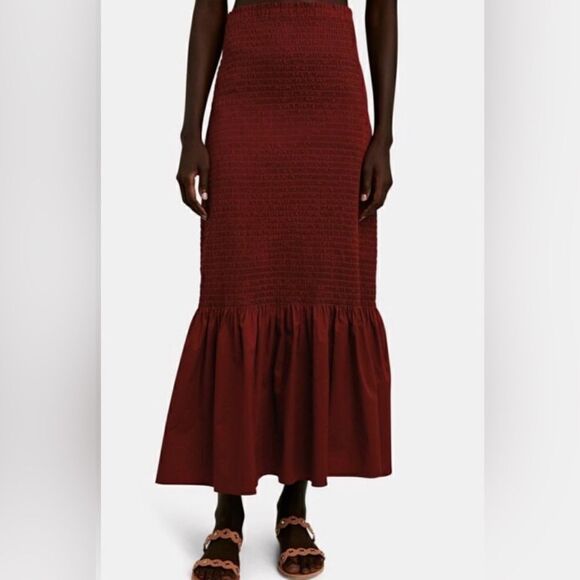 A.L.C. | Lyra Smocked Burgundy Cotton Poplin Midi Maxi Mixi Skirt 8 - Picture 3 of 7